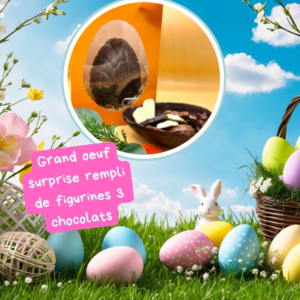 Pâques : Grand Oeuf chocolat lait rempli de figurines chocolat plein 3 couleurs